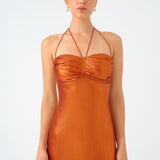 Shiny Knitted Long Evening Dress with Neck Straps