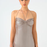 Shiny Knitted Long Evening Dress with Neck Straps