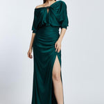 Short Sleeve Slit Long Evening Dress with Buckle