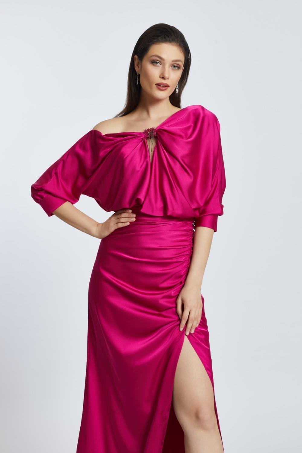 Short Sleeve Slit Long Evening Dress with Buckle