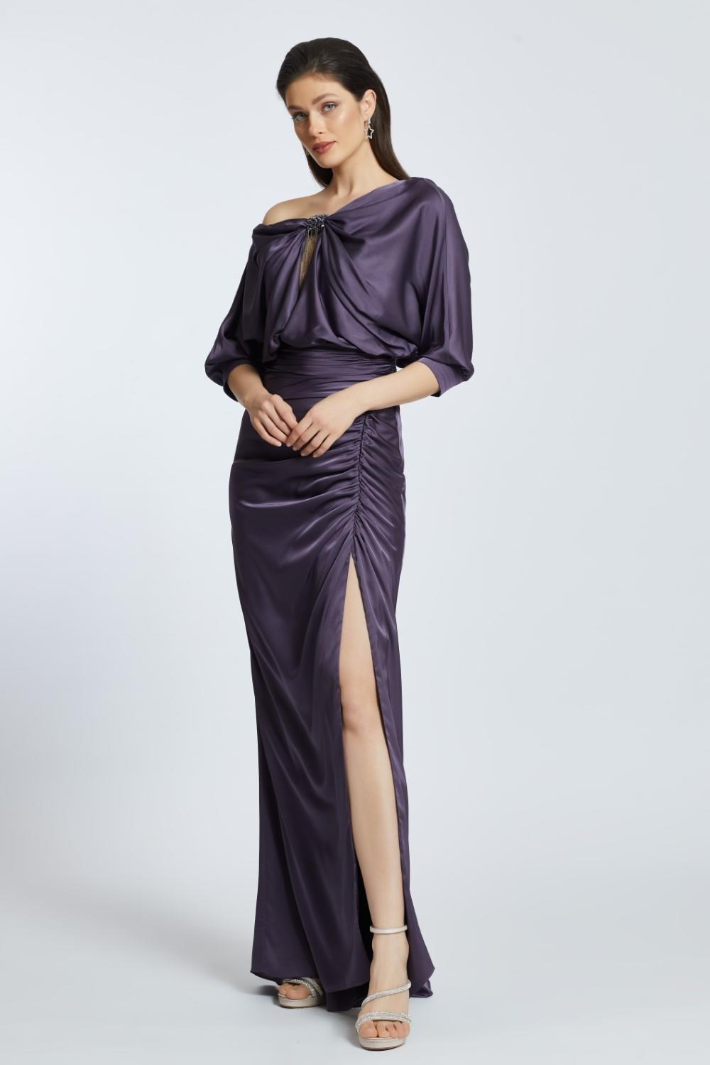 Short Sleeve Slit Long Evening Dress with Buckle