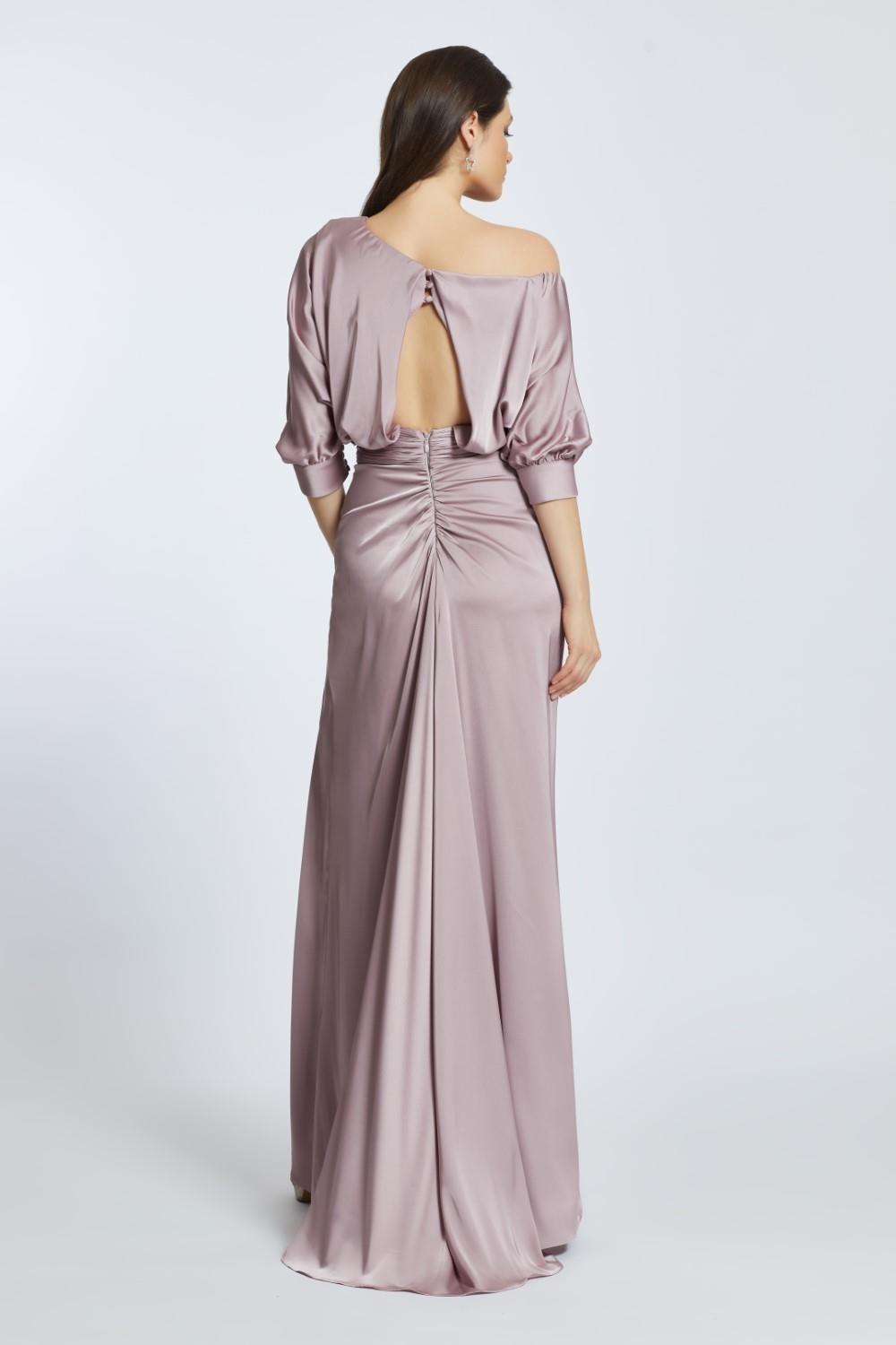 Short Sleeve Slit Long Evening Dress with Buckle