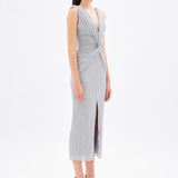 Silvery V Neck Midi Evening Dress - 9001C