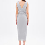 Silvery V Neck Midi Evening Dress - 9001C