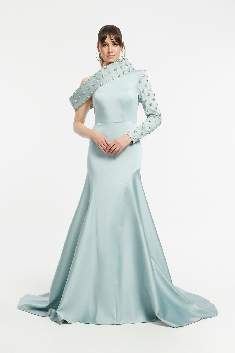 Sleeve and Shoulder Detailed Fish Cut Evening Dress