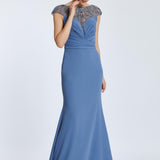 Sleeveless Neck Embroidered Long Evening Dress