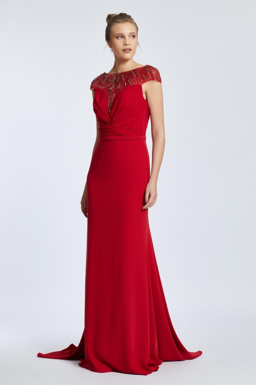 Sleeveless Neck Embroidered Long Evening Dress