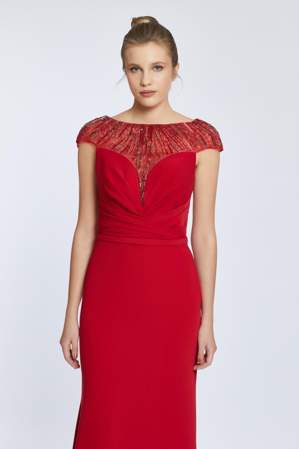 Sleeveless Neck Embroidered Long Evening Dress