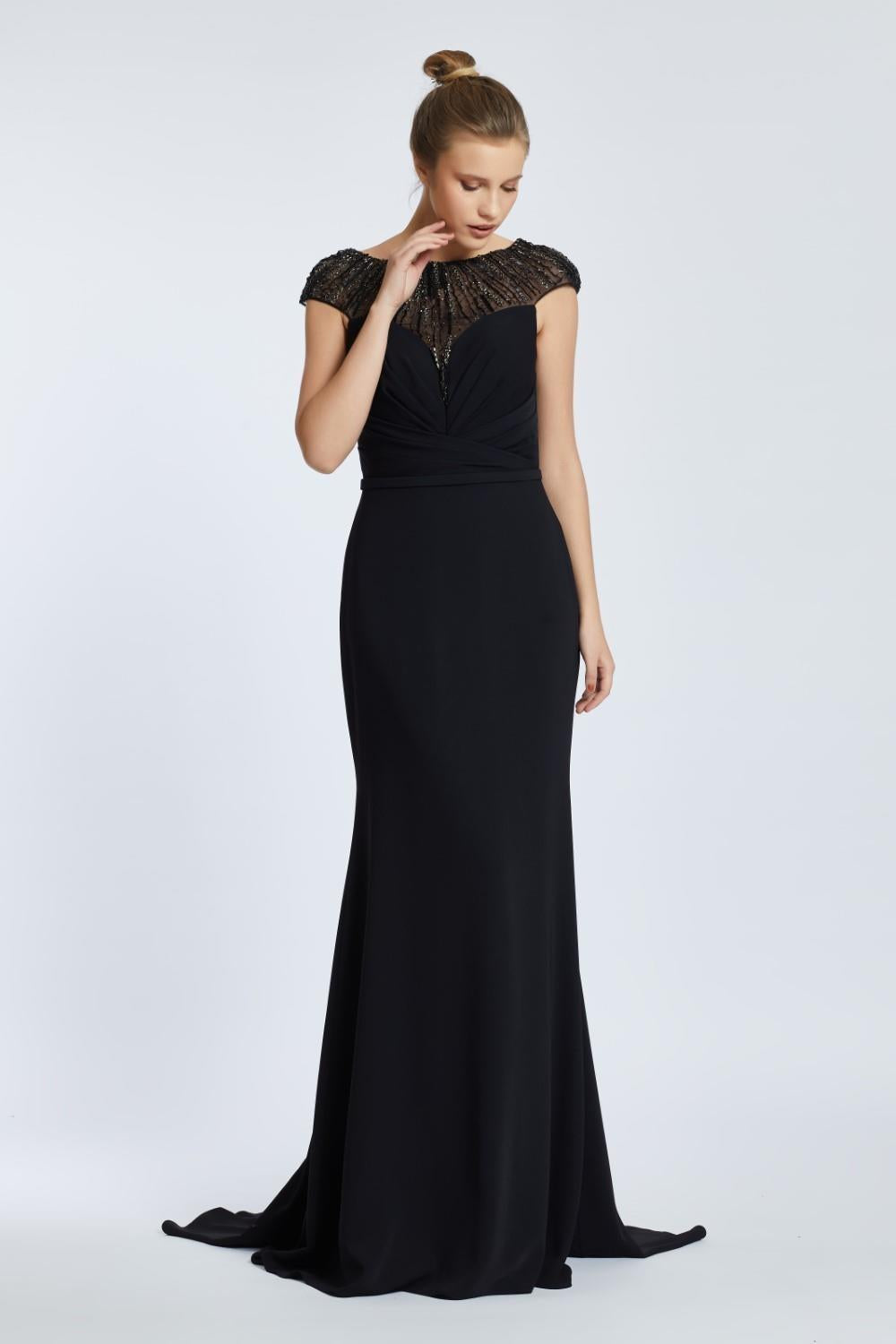 Sleeveless Neck Embroidered Long Evening Dress