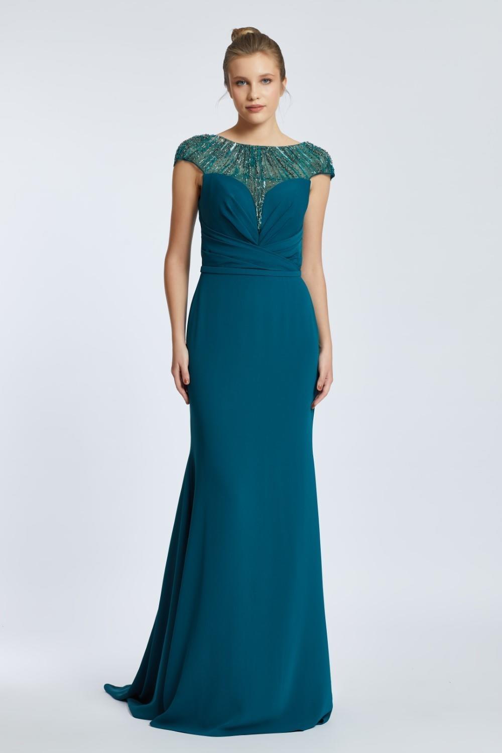 Sleeveless Neck Embroidered Long Evening Dress