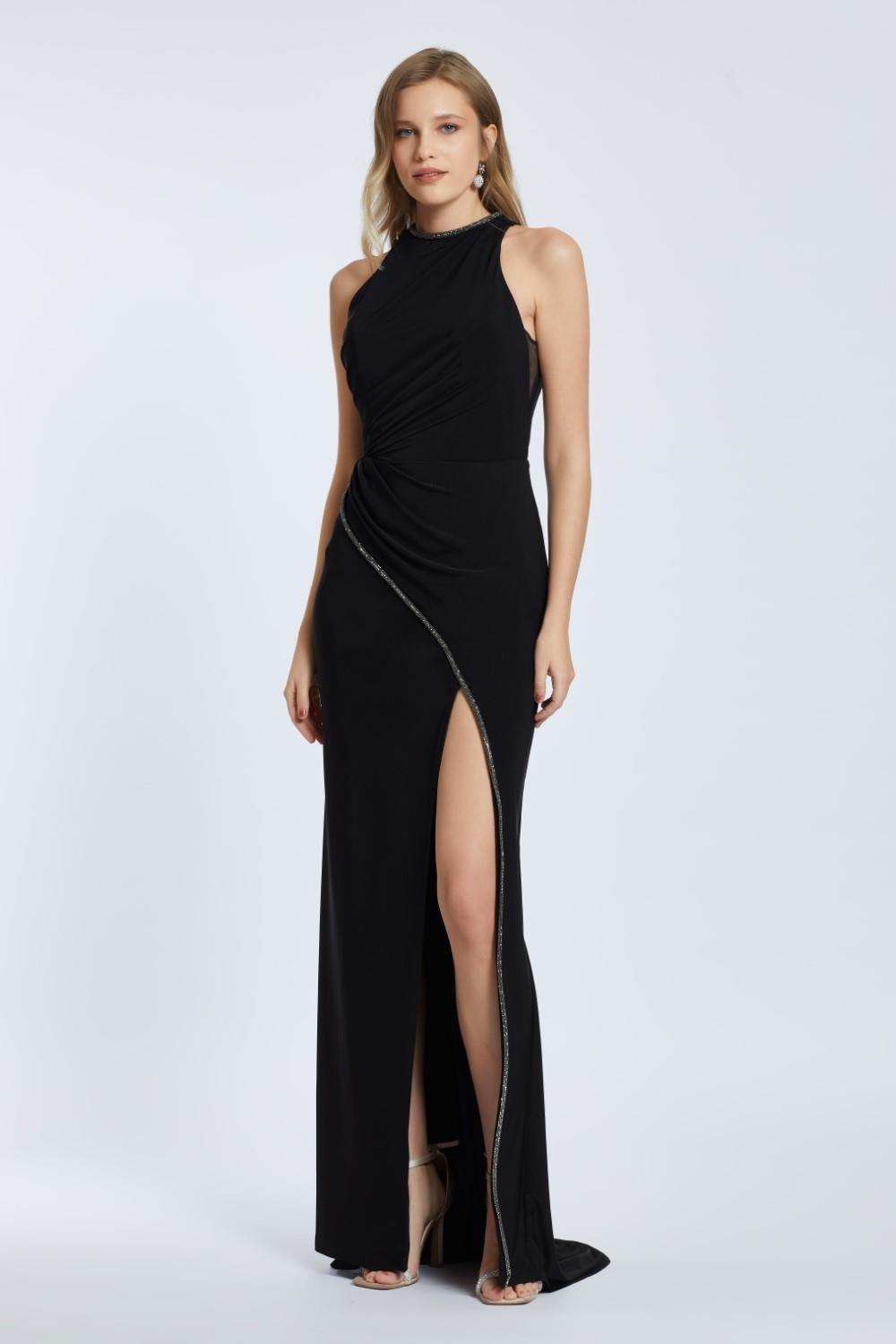 Embroidered Long Evening Dress with Slits