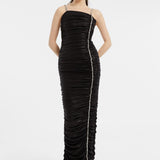 Rhinestone Embroidered Strappy Draped Long Evening Dress - 3017C