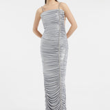 Rhinestone Embroidered Strappy Draped Long Evening Dress - 3017C