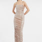Rhinestone Embroidered Strappy Draped Long Evening Dress