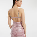 Rhinestone Embroidered Strappy Draped Long Evening Dress