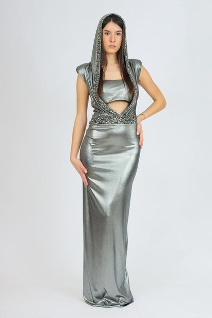 Rhinestone Embroidered Slit Detailed Hooded Long Evening Dress - 3014C