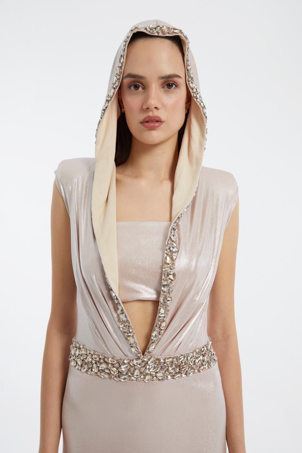 Bling Embroidered Hooded Long Evening Dress
