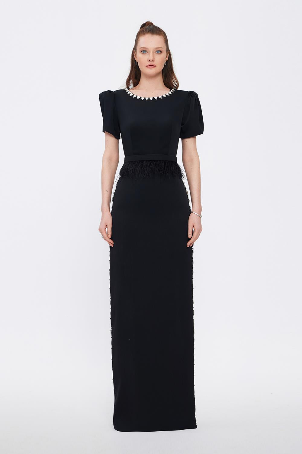 Stone Embroidered Long Black Evening Dress