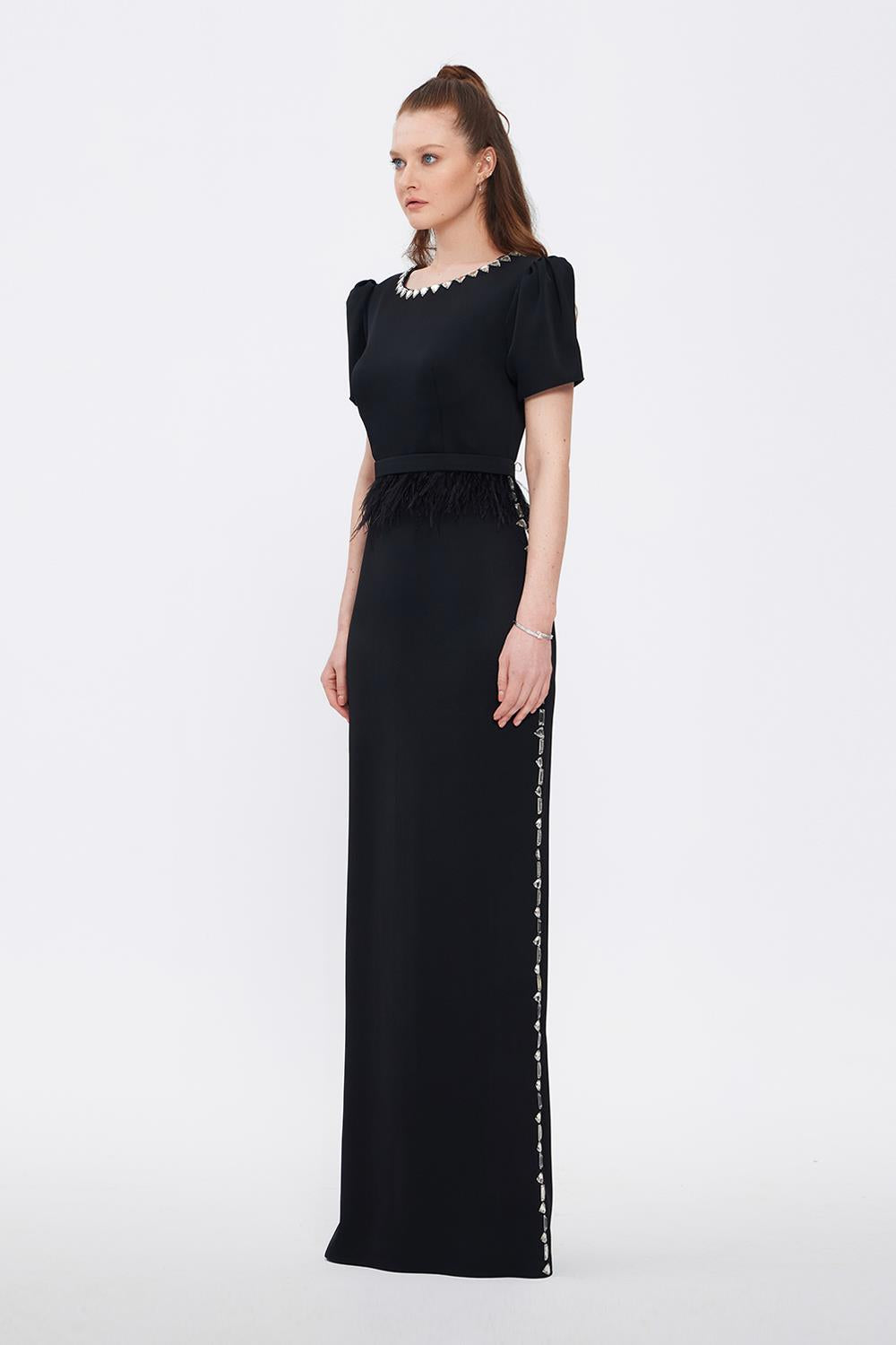 Stone Embroidered Long Black Evening Dress