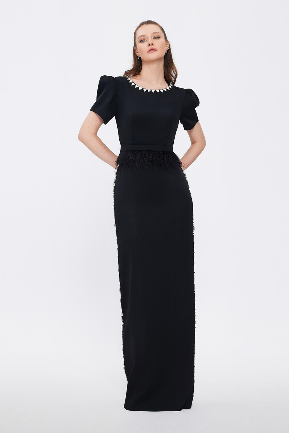 Stone Embroidered Long Black Evening Dress