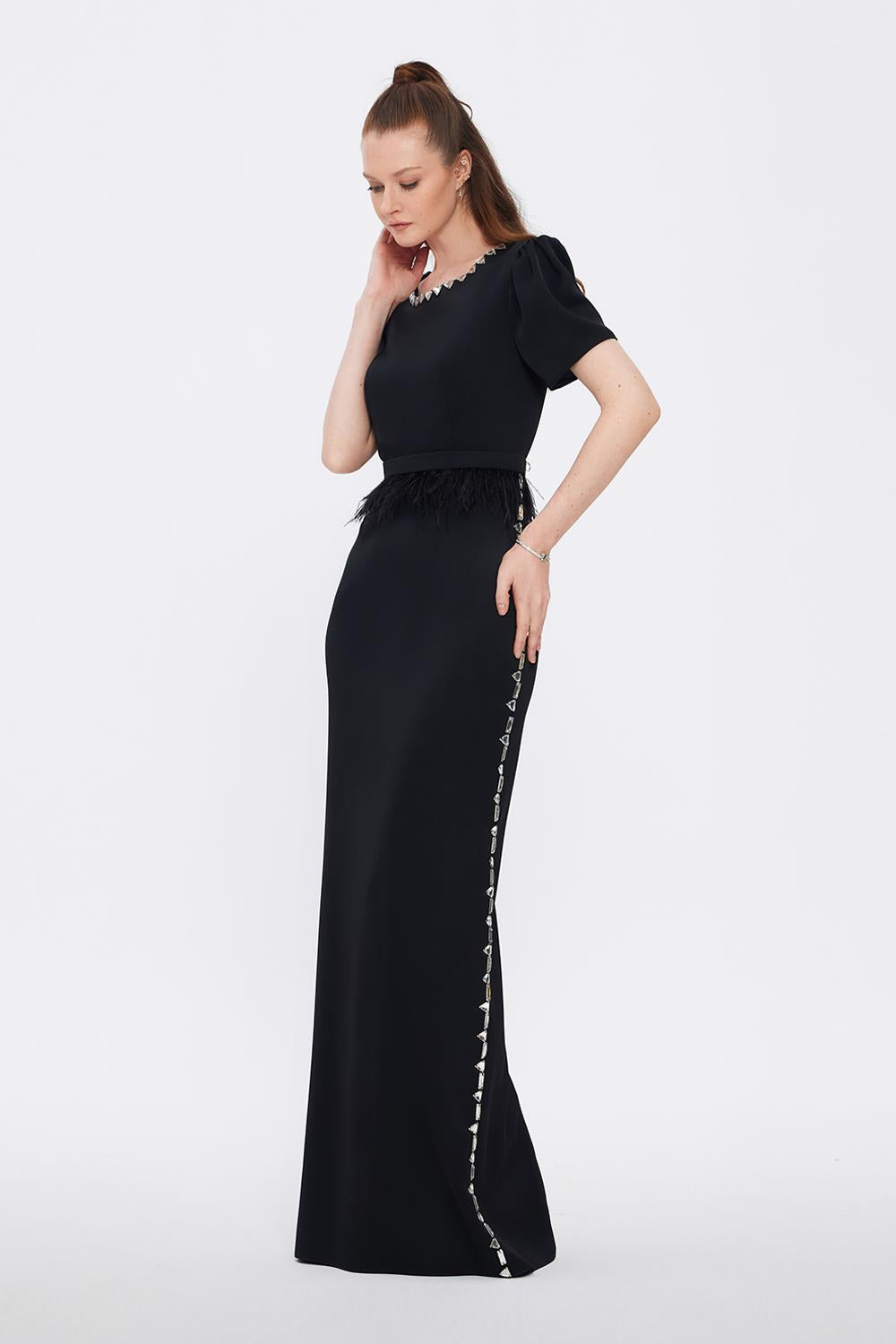 Stone Embroidered Long Black Evening Dress