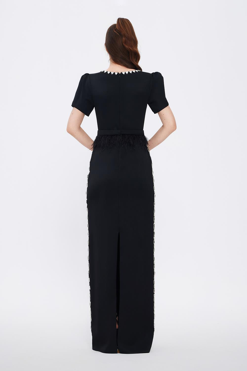 Stone Embroidered Long Black Evening Dress