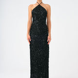 Long Evening Dress with Neck Straps and Stones