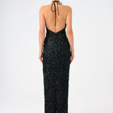 Long Evening Dress with Neck Straps and Stones