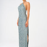 Long Evening Dress with Neck Straps and Stones