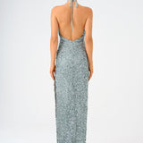 Long Evening Dress with Neck Straps and Stones