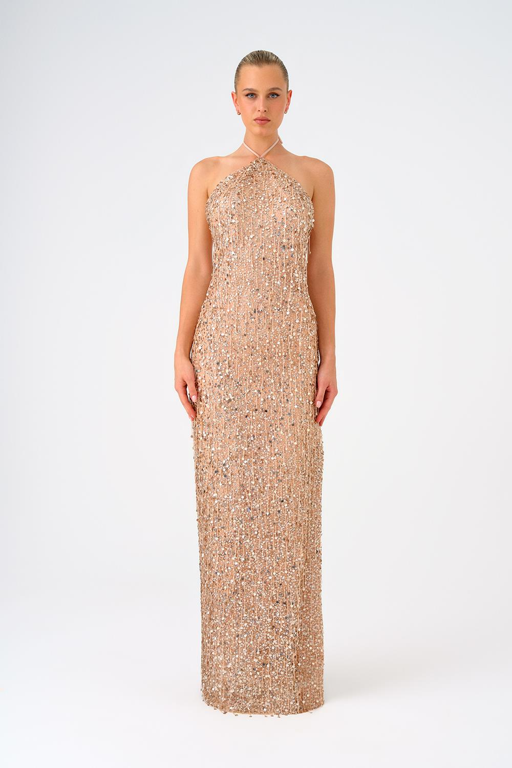 Long Evening Dress with Neck Straps and Stones