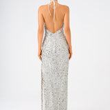 Long Evening Dress with Neck Straps and Stones