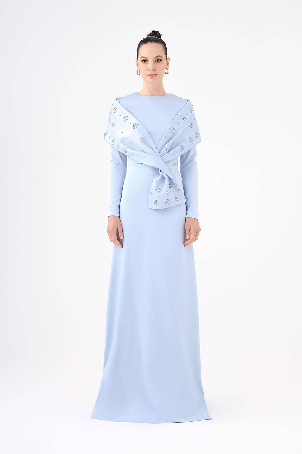 Stone Embroidered Shawl Satin Long Evening Dress