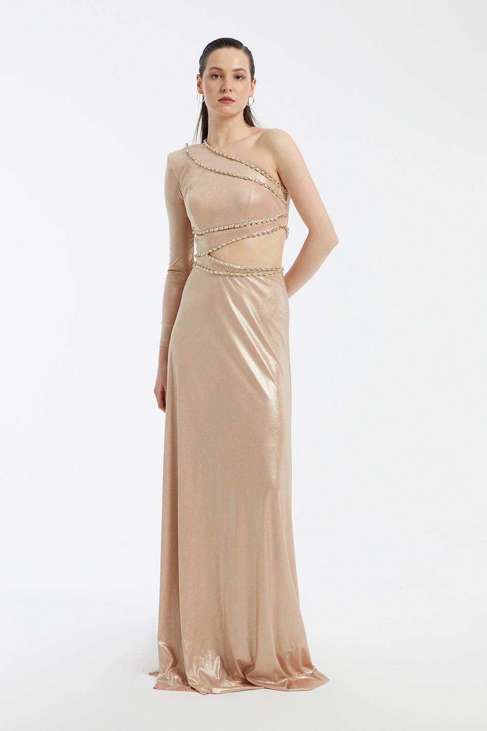 Bling Embroidered Single Sleeve Long Evening Dress