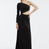 Rhinestone Embroidered Single Sleeve Long Evening Dress - 3025C