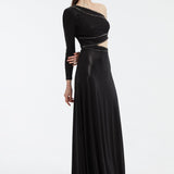 Rhinestone Embroidered Single Sleeve Long Evening Dress - 3025C