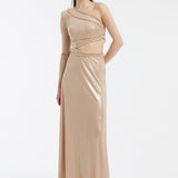 Rhinestone Embroidered Single Sleeve Long Evening Dress