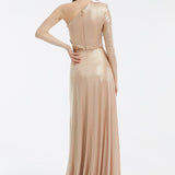 Rhinestone Embroidered Single Sleeve Long Evening Dress - 3025C