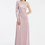 Rhinestone Embroidered Single Sleeve Long Evening Dress