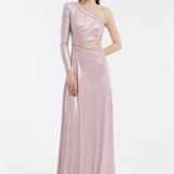 Rhinestone Embroidered Single Sleeve Long Evening Dress - 3025C