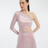 Rhinestone Embroidered Single Sleeve Long Evening Dress - 3025C