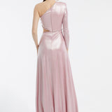 Rhinestone Embroidered Single Sleeve Long Evening Dress - 3025C