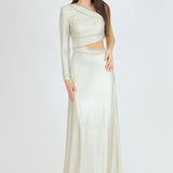 Rhinestone Embroidered Single Sleeve Long Evening Dress