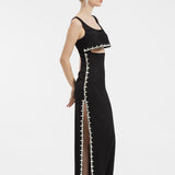 Stone Embroidered Strappy Long Evening Dress with Slits - 2006C