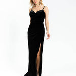 Rhinestone Embroidered Strappy Slit Long Velvet Evening Dress