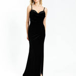 Rhinestone Embroidered Strappy Slit Long Velvet Evening Dress