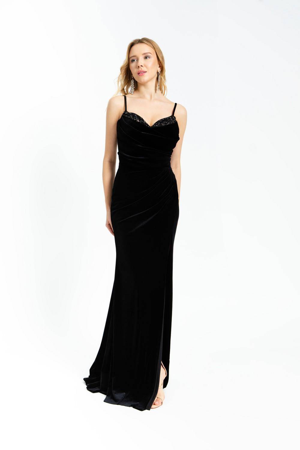 Rhinestone Embroidered Strappy Slit Long Velvet Evening Dress