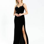 Rhinestone Embroidered Strappy Slit Long Velvet Evening Dress