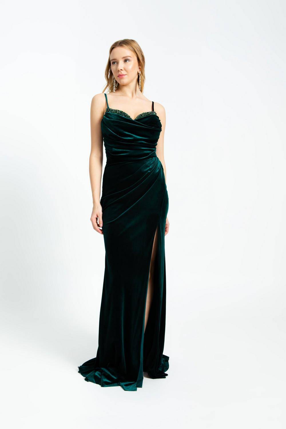 Rhinestone Embroidered Strappy Slit Long Velvet Evening Dress