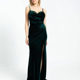 Rhinestone Embroidered Strappy Slit Long Velvet Evening Dress